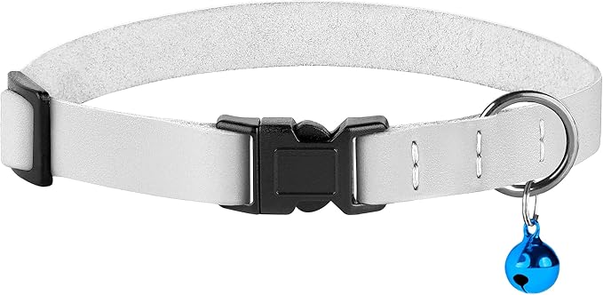 Breakaway Cat Collar with Bell - Leather Adjustable Kitten Collars with Safety Quick Release Buckle - Soft Small Pet Collars for Girl & Boy Cats (White)