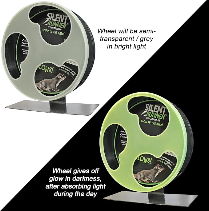 Silent Runner Glow Wheel + Sandy Track + Cage Attachment - Glow in The Dark Pet Exercise Wheel - Sugar Gliders, Hamsters, Rats, Mice, & Other Nocturnal Animals