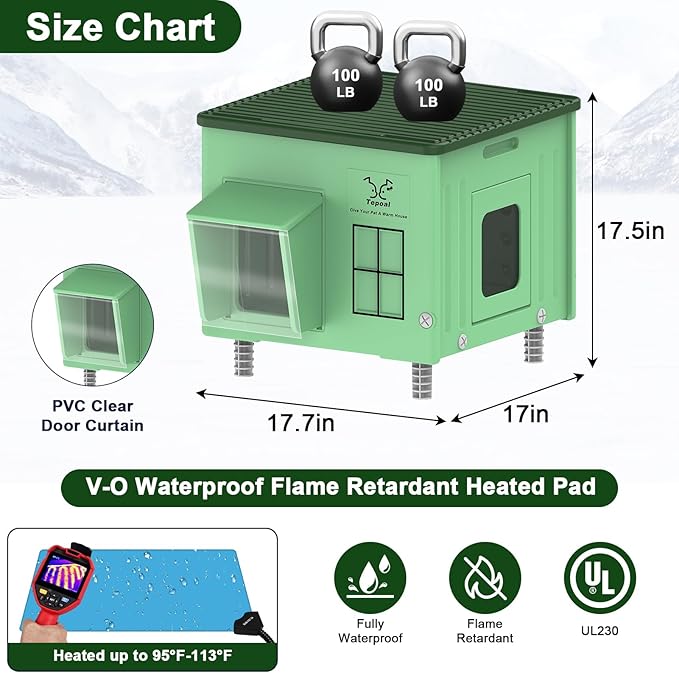 Tepoal Plastic Heated Cat House for Outside Winter, 100% Weatherproof & Insulated Outdoor Feral Cat Shelter with Safety Escape Door, Stackable Cat House with Heater for Barn Cat, Green 17.7"x17"x17.5"