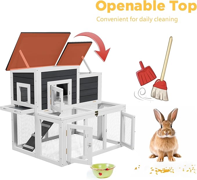 Outdoor Rabbit Hutch, Bunny Cage, Chicken Run Coop Wooden Quail Cage Duck Coop with Ventilating Wire Poultry House for Small Animals (Gray+Black)