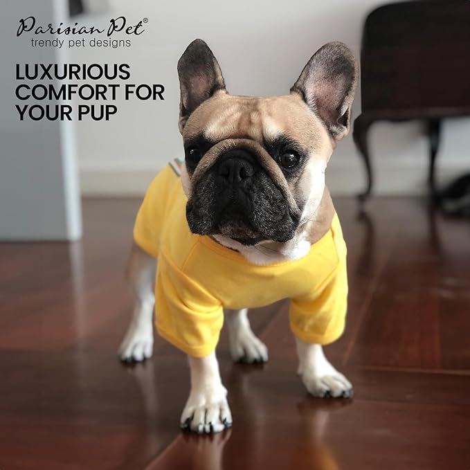 Parisian Pet Dog Shirt - Embroidered “Mustard on My Food“ - 100% Cotton and Polyester Dog Clothes - Sleeved, Lightweight Costume for Dogs - Yellow Dog Shirts for Small Dogs - Pet Costumes - S