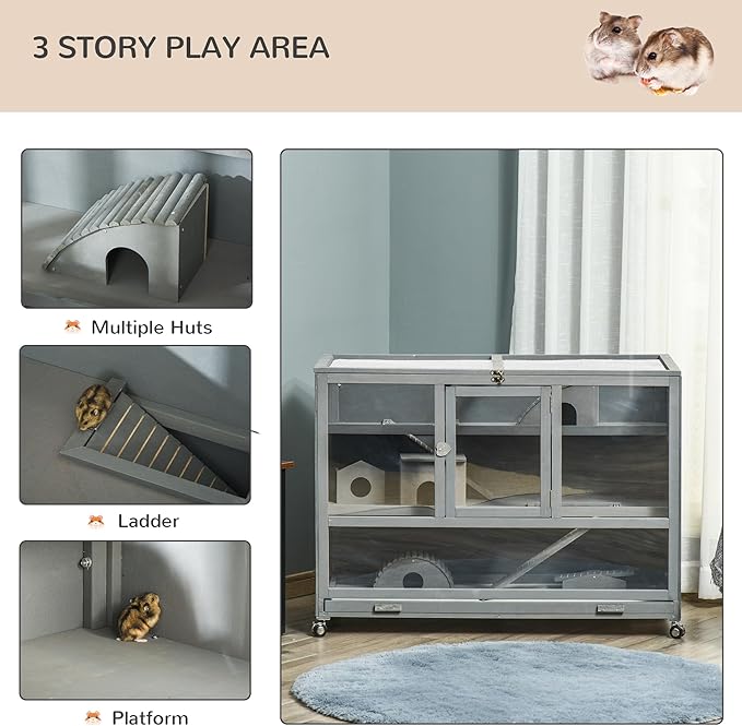 PawHut Wooden Large Hamster Cage with Seesaw and Wheels, Small Animal Cage and Habitat, 3-Tier Hamster Habitat with Ladder, Dark Grey