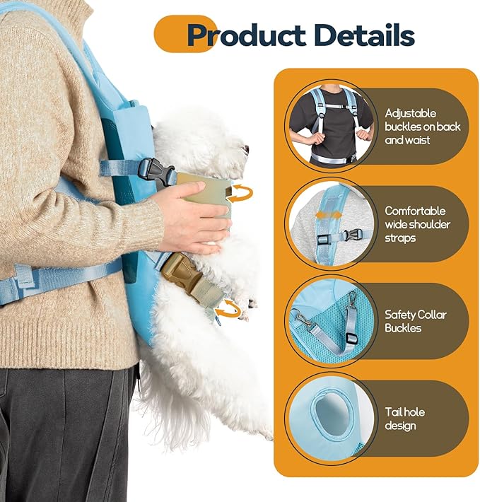 YUDODO Pet Dog Front Carrier Backpacks, Legs Out Easy-fit Dog Carrier for Small Medium Dogs, Adjustable Hands Free Dog Chest Carrier for Hiking Cycling (M, Blue)