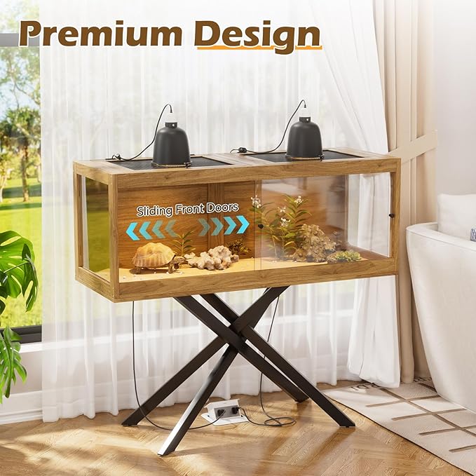 80 Gallon Bearded Dragon Tank with Stand & 2 Dimmable Reptile Light Fixtures, Front Sliding Door Tempered Glass Reptile Habitat with Mesh Top for Snakes/Lizards/Geckos/Tortoises (Bulbs Not Included) ﻿