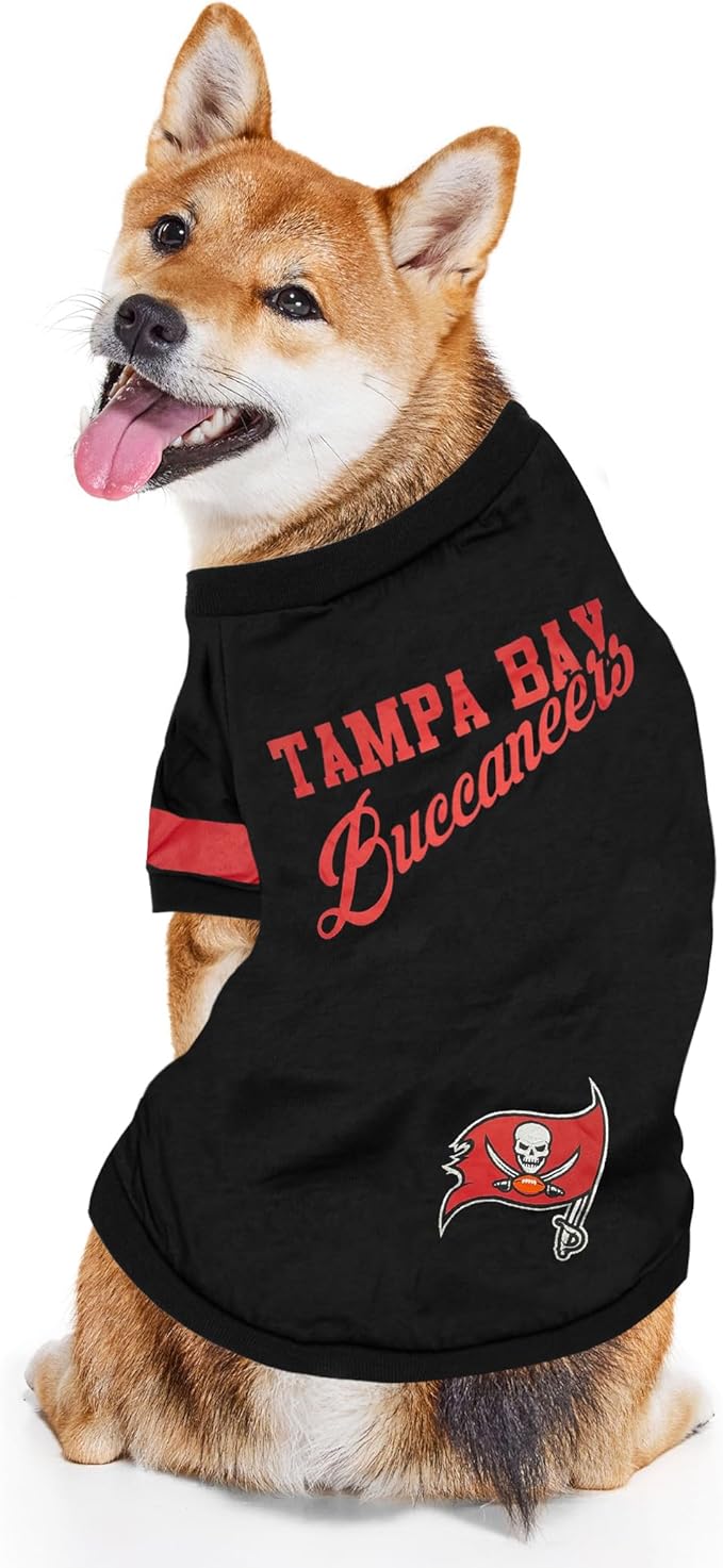 NFL Tampa Bay Buccaneers Dog & Cat T-Shirt, Small. Football PET TEE for NFL Team Fans. New & Updated Fashionable Stripe Design, Durable & Cute Sports Outfit