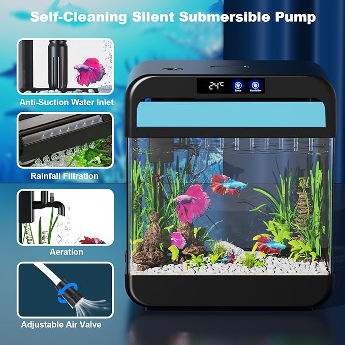 Fish Tank 2.2 Gallon Fish Bowl with Humidifier 7 Color Auto-Looping Light Aquarium Tank with 3 in 1 Silent Pump with Filteration & Oxygenation & Circulation(Black-2.2 Gallon)
