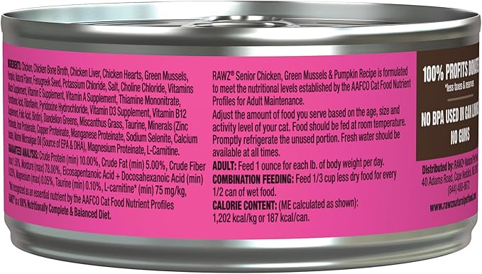 Rawz Natural Premium Pate Canned Cat Wet Food - Made with Real Meat Ingredients No BPA or Gums - 5.5oz Cans 24 Count (Chicken & Green Mussels for Seniors)