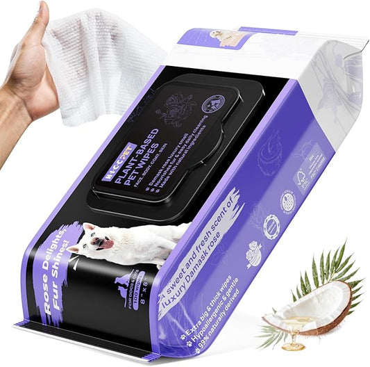 HICC PET Wipes for Dogs and Cats, Vet-Recommended Pets Cleaning Wipes, Deodorizing Hydrating, Nourishes Smoothes Fur, Fermented Coconut Oil Grooming Paws, Body and Butt, Thicken, Rose, 100 Count