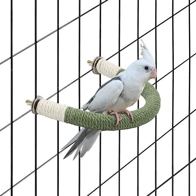 U Shape Hemp Rope Green Wood Parrot Perches for Macaws, Cockatiels, Conures, Finches - Bird Training Educational Stand Toys (Medium-1 Pack)
