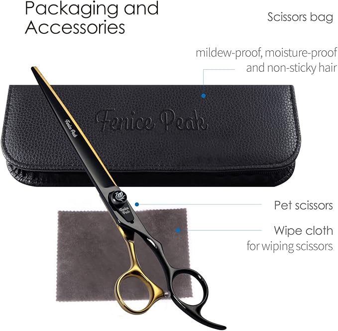 Fenice Peak 7'' Black Dog Grooming Scissors Goldern Straight Shears with Ergonomic Offest Handle and Pattern Screw Pet Grooming Trimming Shears Durable and Sharp 440C