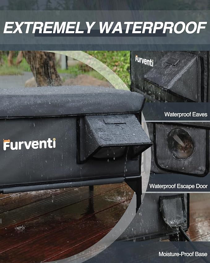 Outdoor Heated Cat House in Winter,Extremely Insulated & Weatherproof,Elevated Feral Cat Shelter with Waterproof Eaves & Escape Door for Outside Stray Barn Cat (Dark Grey,M.)