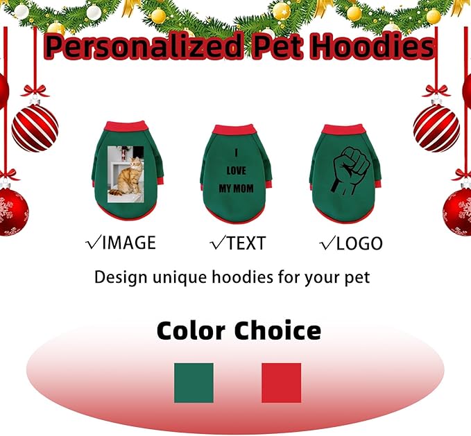 Custom Dog Hoodie, Personalized Sweatshirt with Photo Text Name Logo, Customized Hooded Sweater for Small Medium Large Dogs & Cats (Green + Red Sleeves, XX-Large)