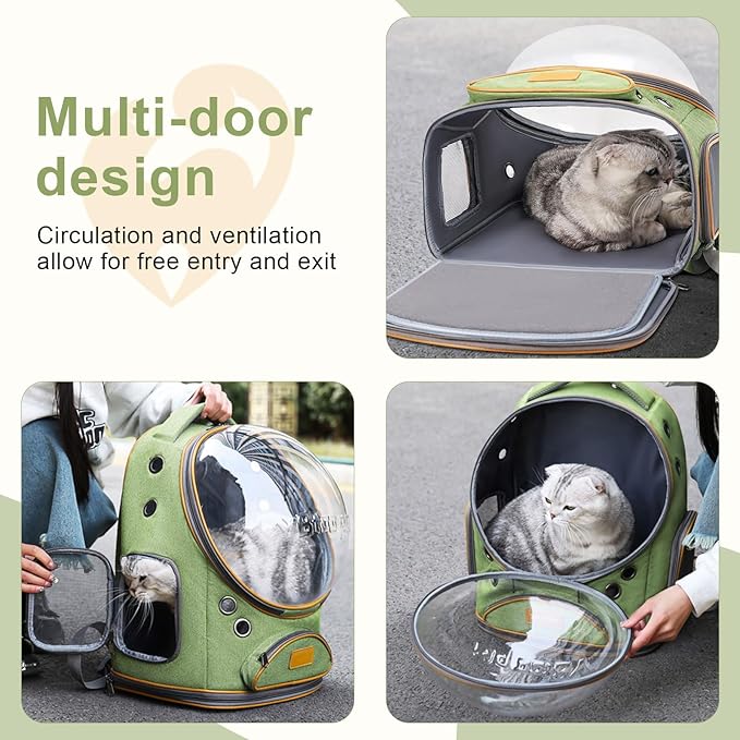 Cat Backpack Carrier, Breathable Cat Bubble Backpack Upgrade Large Space Cat Carrier for Kitty Small Dog, Foldable Airline Approved Cats Backpack, Enlarge Transparent PetTravel Backpack (Green)