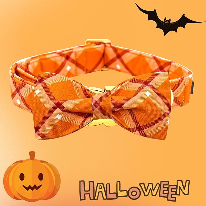 Fall Dog Collar, Pet Collar Bow Orange Plaid Collars Girl Boy Holiday Pet Collars Gift Bow Dog Collar Cute Soft Puppy Collars for Large Dogs