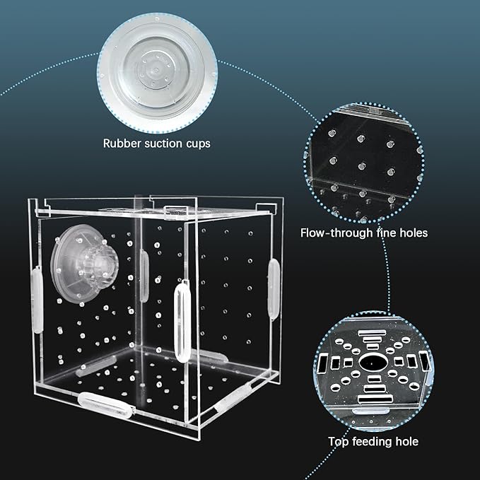 Hamiledyi Acrylic Breeding Isolation Box - Transparent Aquarium Hatchery for Guppy/Shrimp/Small Fish, Safe Nursery Tank with Air Tube & Suction Cups (3.9" × 3.9" × 3.9")