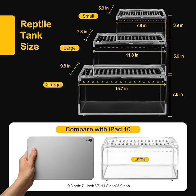 PC Large Reptile Terrarium Starter Kit,Magnetic Jumping Spider Enclosure,Hermit Crab Tank,Arboreal Tarantula Cage for Praying Mantis,Frog Vivarium,Lizard Container,Insect Housing,Gecko Habitat