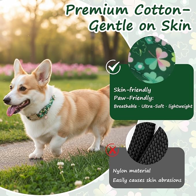 St. Patrick's Day Dog Collar,Green Clover Lucky Shamrock Puppy Collar,Adjustable Spring Cotton Collars Gifts for Small Medium Large Dogs,Dog Accessories S