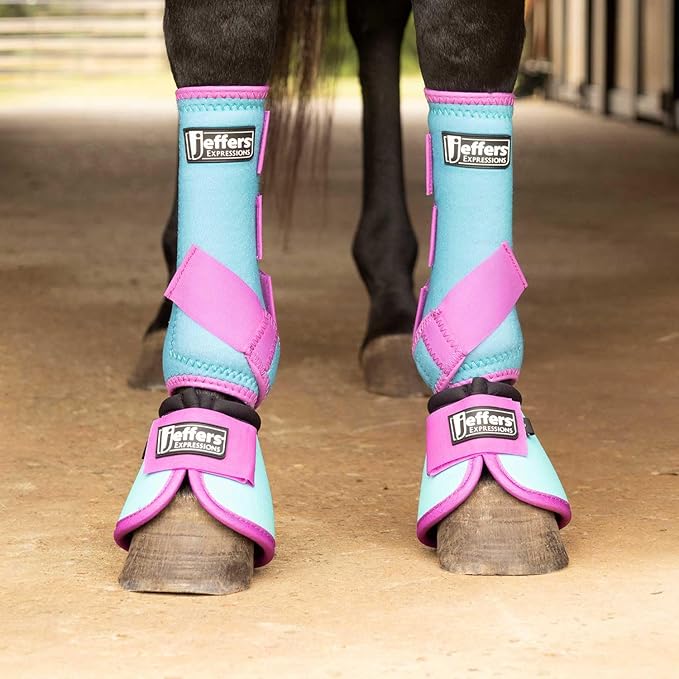 Jeffers Expression Neon Protective Horse Boots, 1 Pair, Turquoise & Purple – Breathable Neoprene, Secure Straps Closures – Durable Protection for Front & Hind Legs, Trail & Riding Use - Small