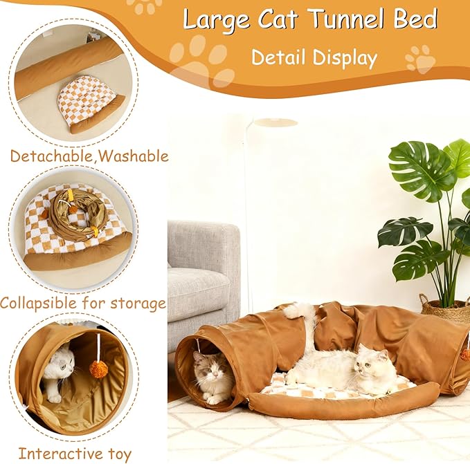 Large Cat Tunnel Bed for Indoor Cats, Peekaboo Cat Cave with Detachable & Washable Design, Scratch-Resistant Donut Bed for Multiple & Large Cats (Beige Plaid)