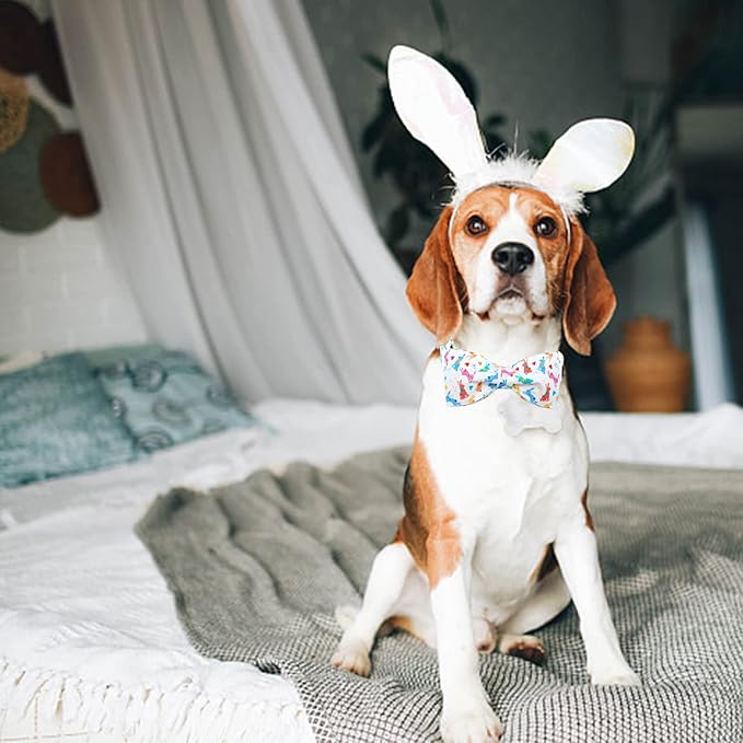Lionheart glory Easter Dog Collar with Bow Tie Rabbit Print Dog Collar Girl or Boy Soft Durable Adjustable Puppy Gift Collar Bows Spring Collar Dog Bow