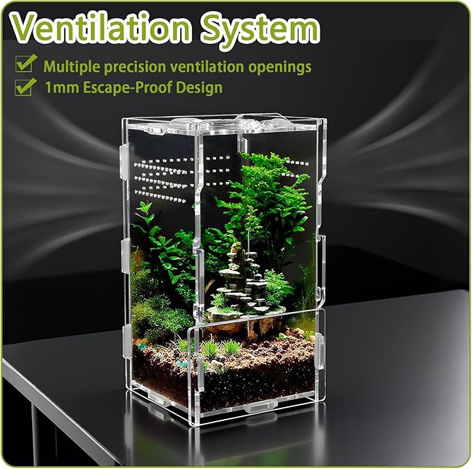4x4x8 Inch Acrylic Reptile Terrarium，Front Opening Tarantula Enclosure with Swivel Lock & Magnetic Feeding Door，Small Spider Cage for Jumping Spider、Scorpion、Isopods、Snails