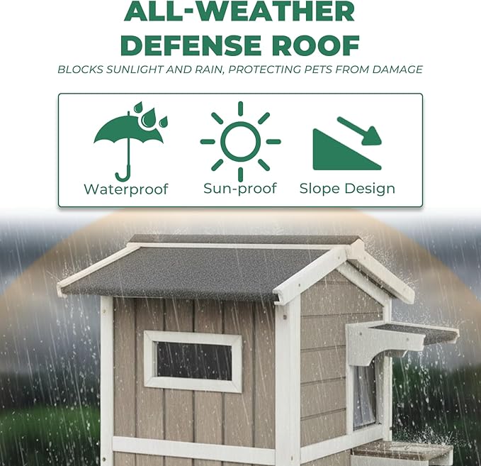 Insulated Cat House, Wood Two Story Outdoor Cat House Weatherproof with Cat Scratching Cloth, 4 Doors, Balcony, Jumping Platforms, Outside Clawsable Feral Cats Shelter for Small Animals, Grey