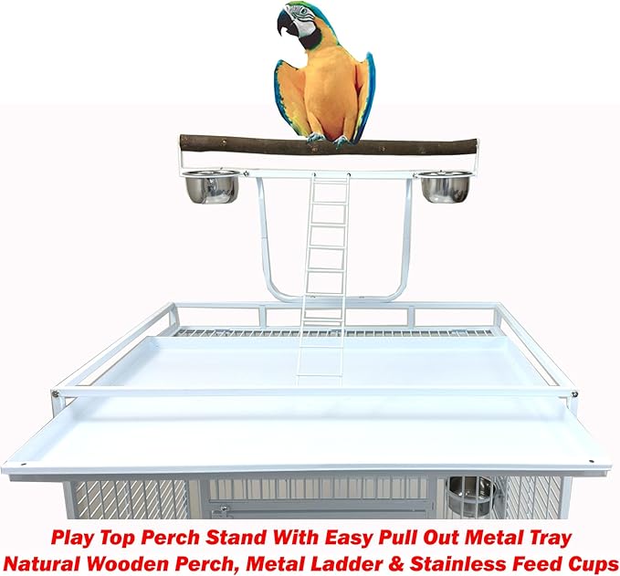 X-Large 32" Lx23 Wx69 H Deluxe Wrought Iron Bird Parrot Cage Top Play Ground Walk Ladder Stainless Cups Include Seed Guard Large Storage Shelf Heavy Duty Rolling Lockable Wheels
