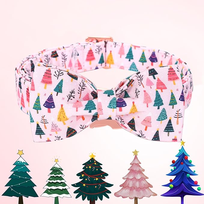 Christmas Dog Collar, Pink Christmas Tree Soft Comfortable Collars with Bow Adjustable Pet Collar with Premium Metal Buckle Dog Necklace for Medium Girl Dogs