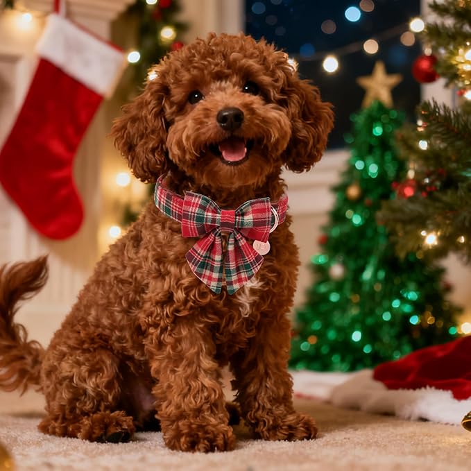 Christmas Plaid Dog Collar with Bow Tie– Adjustable Red & Green Checkered Dog Collar for Small Medium Large Dogs, Soft Xmas Plaid Puppy Collars with Quick Release Buckle L