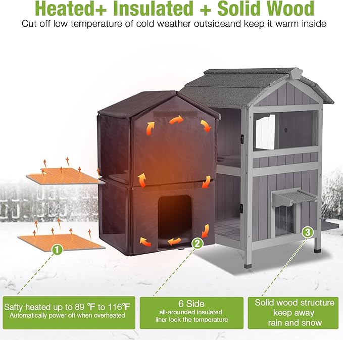 GUTINNEEN Heated Outdoor Cat House for Outside Weatherproof Feral Cat Shelter for Winter with Heater and Insulated Liner Two Story