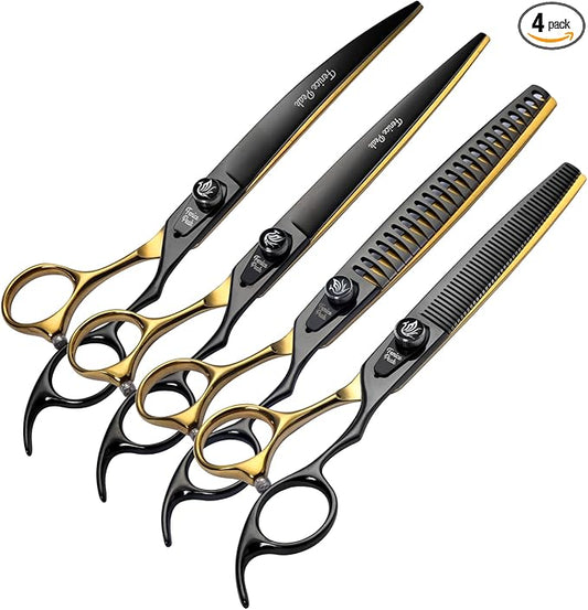 Fenice Peak 7'' Black and Gold Two-color Dog Grooming Scissors Set Straight Thinning Curved and Chunker Shears 4PCS Set with Pattern Screw and Ergonomic Offest Handle 440C Sharp and Durable