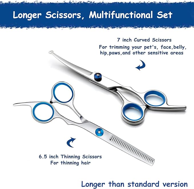 Dog Grooming Scissors - Maxshop 7 Inch Professional 2 Pack Heavy Duty Titanium Stainless Steel Pet Grooming Scissors Kit Rounded Tip Hair Cutting Curved Scissors Thinning Shears for Dogs and Cats