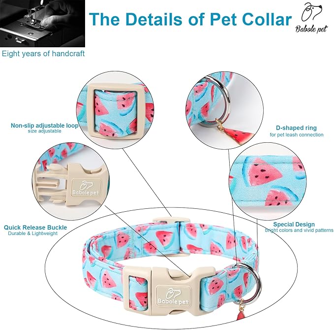 Adjustable Summer Dog Collar, Cute Watermelon Dog Collars for Small Dogs, Lightweight Quick-Release Buckle Collar for Boy&Girl Dogs S