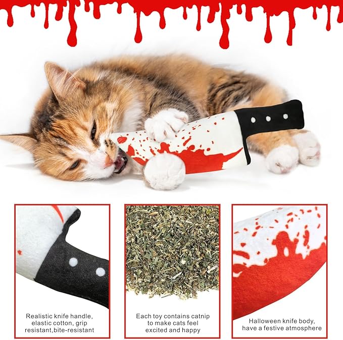 Idepet Cat Toys Catnip Crinkly Sound Toy Toys Christmas Kitten Bite Teething Chew Toys for Indoor All Breeds Cats Exercise (Horror Knife-Shaped Cat Toys)