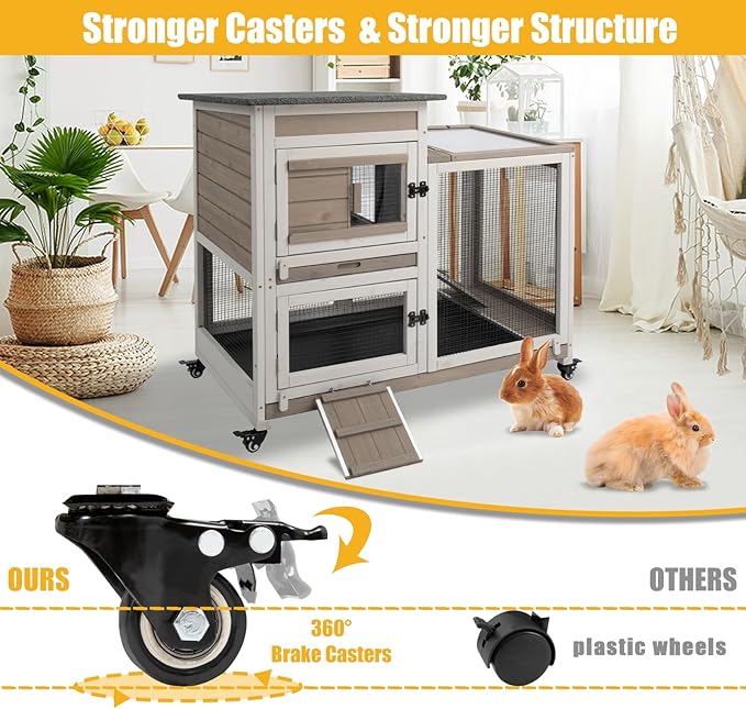 40" L Rabbit Hutch Indoor Wooden Bunny Hutch Outdoor 2 Story Rabbit Cage on Metal Wheels with Run and 2 Deeper Pull Out Trays Guinea Pig Pet House for Small Animals