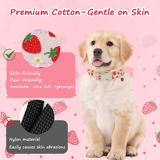 Pink Dog Collar for Small Dogs, Cute Dog Collars Girl Puppy Collar with Strawberry Pattern, Adjustable Cotton Pink Collar Ideal, Daily Photos & Pet Fashion
