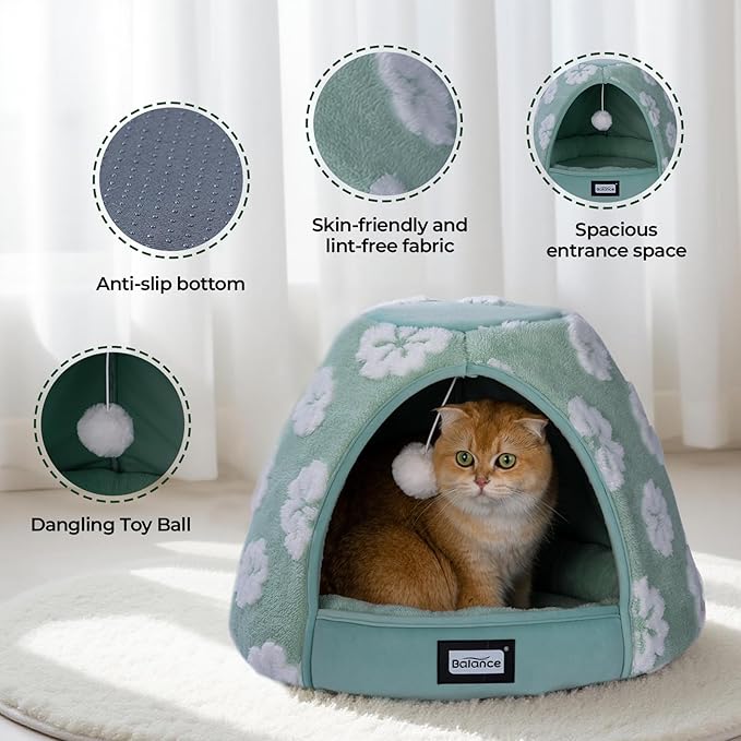 BALANCE Cat Beds for Indoor Cats, 2-in-1 Cat Bed Cave with Anti-Slip Bottom and Ultra-Soft Plush, Cozy Cats House Tent for Kittens and Small Dogs, 19 Inches, Green