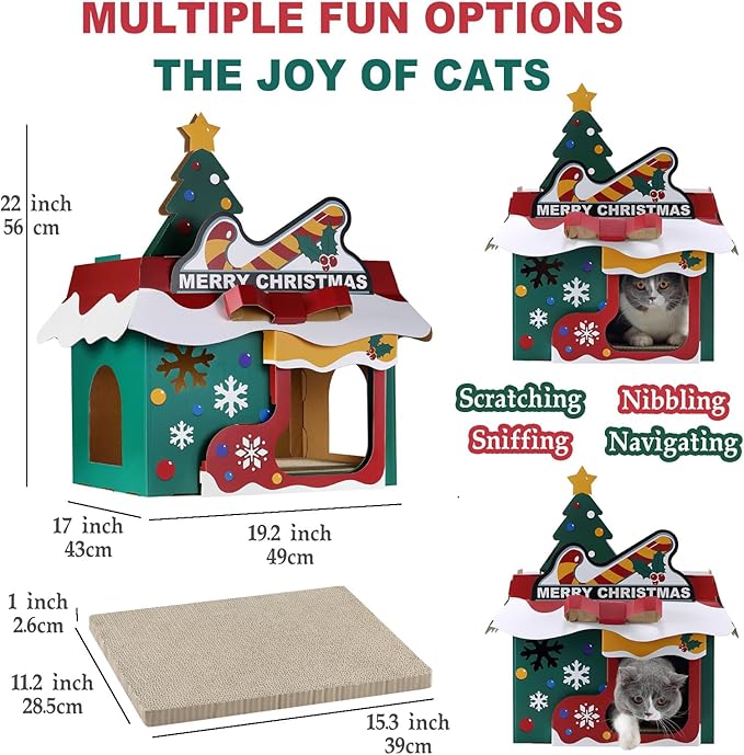 Cardboard Cat House with Scratcher – Christmas Cottage Design, 19''L x 17''W x 22''H, Festive Indoor Cat Playhouse & Hideout for Cats up to 22 lbs, Corrugated Scratch Pad & Holiday Home Décor