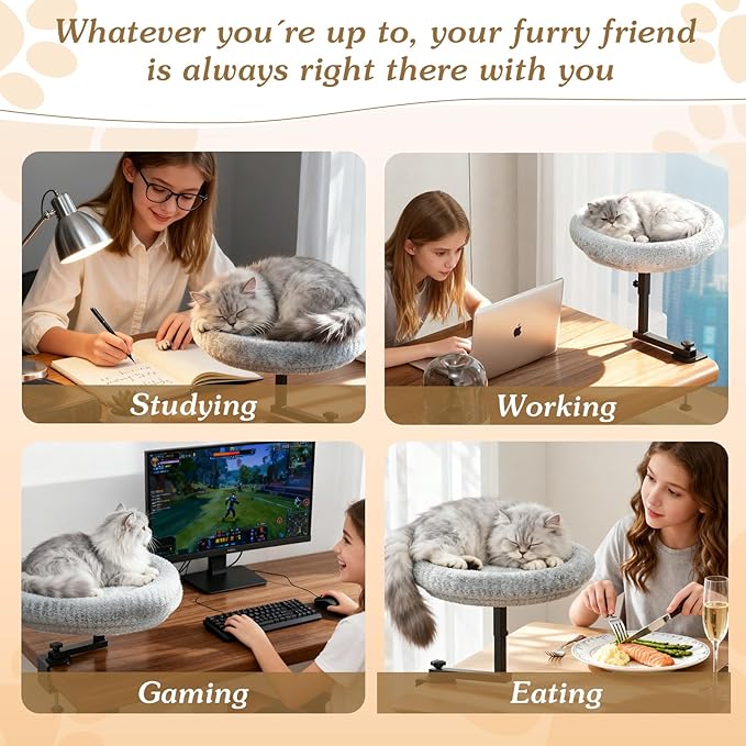 Cat Bed for Desk with Adjustable Height & 360 Rotation Elevated, Heavy-Duty Cat Desk Bed for Small Space, Soft & Comfortable Modern Unique Kitten Furniture, Indoor Cats Up to 60 lbs (Gray)