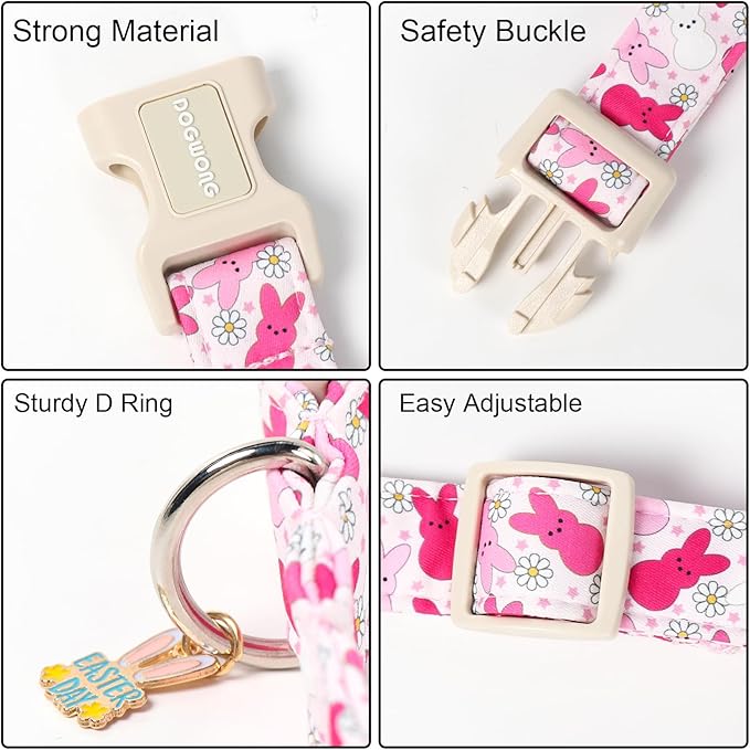 DOGWONG Easter Dog Collar, Cute Easter Pink Bunny Pet Collar Durable Holiday Girl Boy Adjustable Cotton Dog Collars for Medium Large Dogs,L Visit The Elegant Little Tail Store