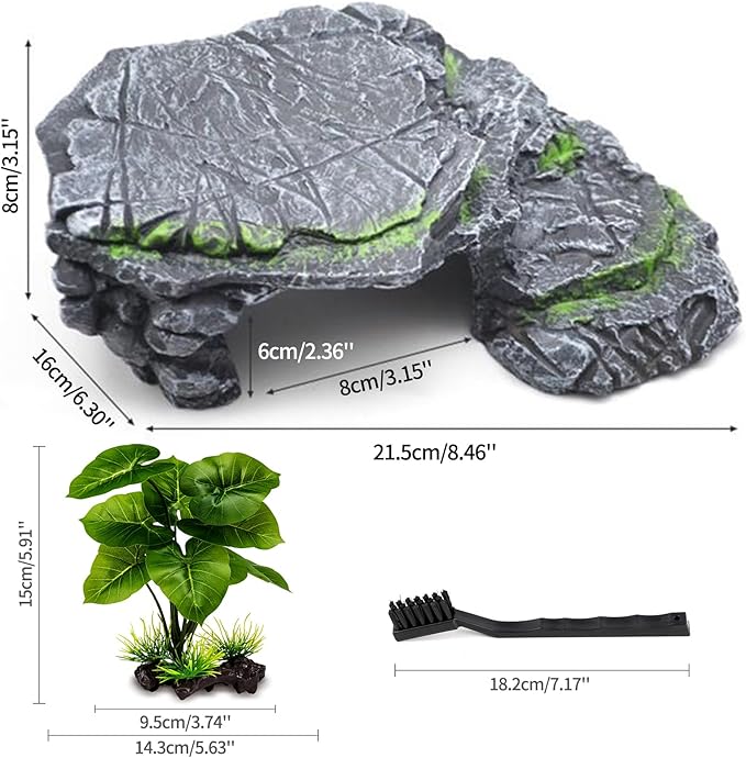 Turtle Basking Platform Kit, Reptile Habitat Hideout, Decorative Resin for Aquarium & Terrarium, Including Artificial Plant and Cleaning Brush. (A-Large-Black)