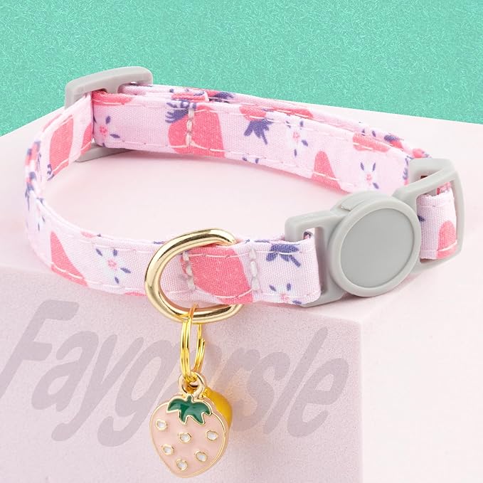 Faygarsle 2 Pack Breakaway Cat Collar with Bells for Female Girl Cats Cute Pink Collar with Peach Strawberry Charm Summer for Cats