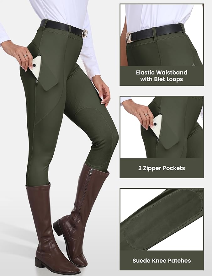 MoFiz Women's Horse Riding Pants Full Seat Silicon Knee-Patch Equestrian Breeches Horseback Schooling Tights Zipper Pockets