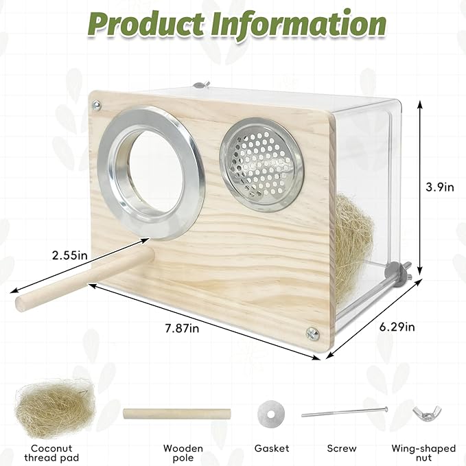 PINVNBY Transparent Acrylic Parakeet Nesting Box Budgie Breeding Box Bird Nest for Cage for Bird House with Perch for Parrots, Cockatiels, Lovebirds and Small Birds (L: 8.07 x 6.2 x 3.93 inch)