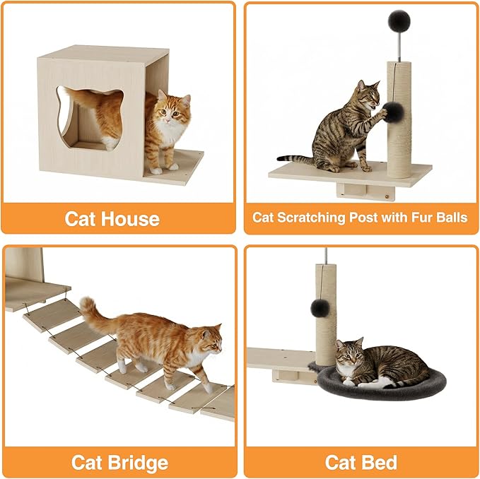 Cat Wall Shelves, Modern Wall-Mounted Cat Furniture Includes House, Bridge, Steps, Scratcher, Perch & Lounge for Indoor Cats, Space-Saving Wall Mounted Cat Shelves for Play & Rest