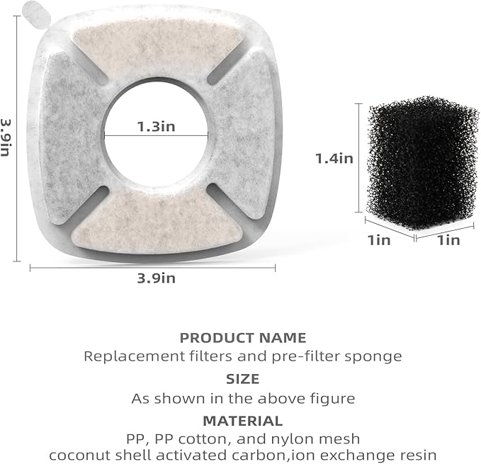 4 Pack Cat Water Fountain Filter Compatible with 67/95/135/85oz Automatic Pet Dispenser, Triple Filtration Dog Fountain Filter (4 Carbon Filters+4 Sponge Filters)
