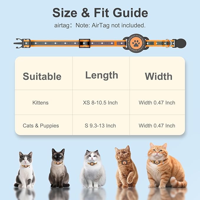 Airtag Cat Collar Breakaway, Reflective Cat Collar with AirTag Holder and Bell, Compatible with Apple Air Tag, Comfortable Padding, Adjustable, Durable (Orange, XS)