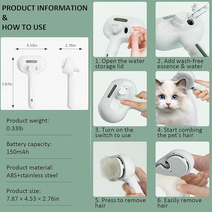 Fur Shower Brush for Dogs, 3 In 1 Self Cleaning Steamy Pet Brush, Pets Spray Hair Removal Comb - Anti-Static, Dog Grooming Tool With Steam | Skin-Friendly Design (Green)