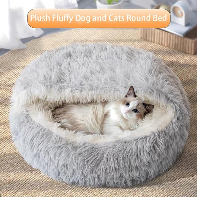 Plush Fluffy Dog and Cats Round Bed, Ultra-Soft Plush with Raised Rim, Non-Slip Bottom, Plush Cat Bed with A Cover, for Small Dogs and Cats (Pink, Medium)