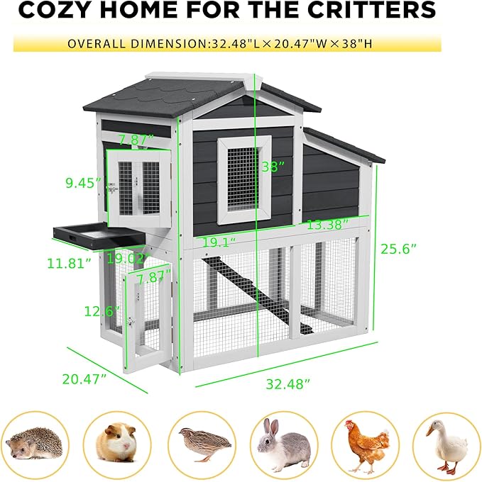 Wooden Chicken Coops with Nesting Boxes Indoor Outdoor, Small Chicken Coop for 2 Chickens, Bunny House Rabbit Hutch Poultry Pet Run Cage with Waterproof Roof, Stairs&Removable Tray